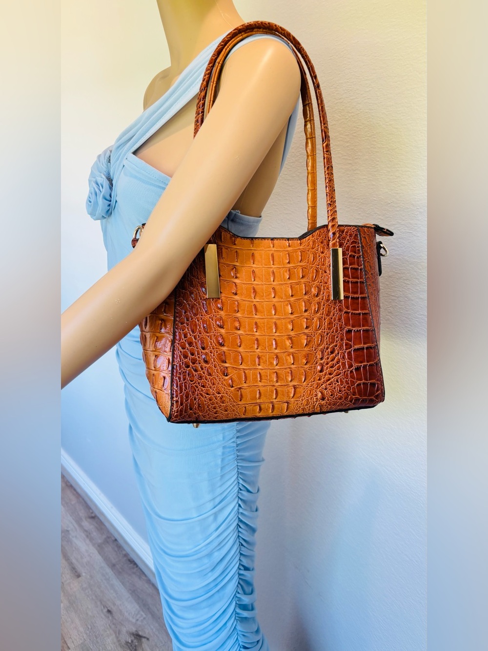Croc-Embossed Shoulder Tote in Cognac Brown with Gold Accents and strap - Picture 3 of 15